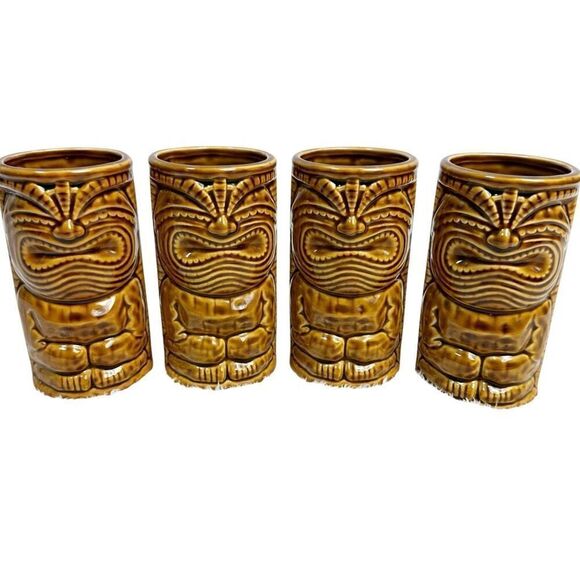 Hawaii Tiki Room Luau Brown Glazed Ceramic Tall Cup Germaine's Tumbler Set of 4 - Picture 1 of 7